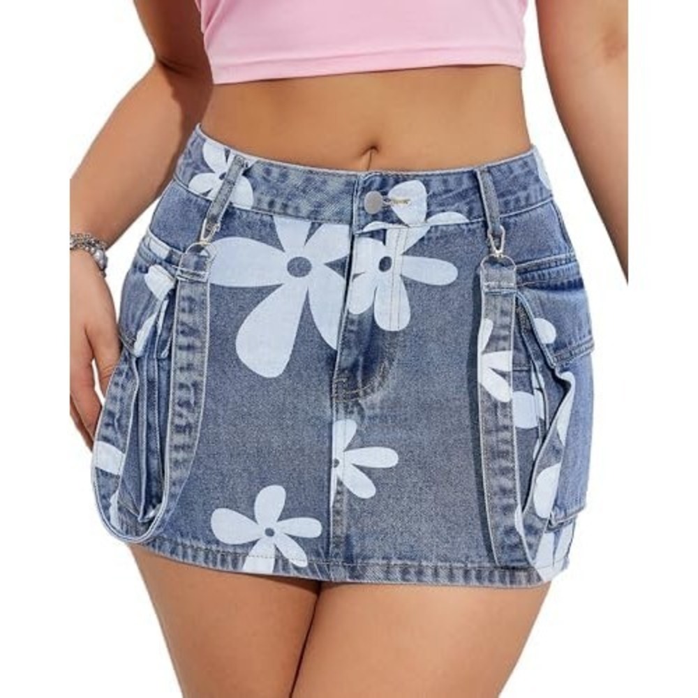 PEIHOT Denim Mini Skirt Floral Print‎ Suspender Pockets Blue Jean Skirt L NWT